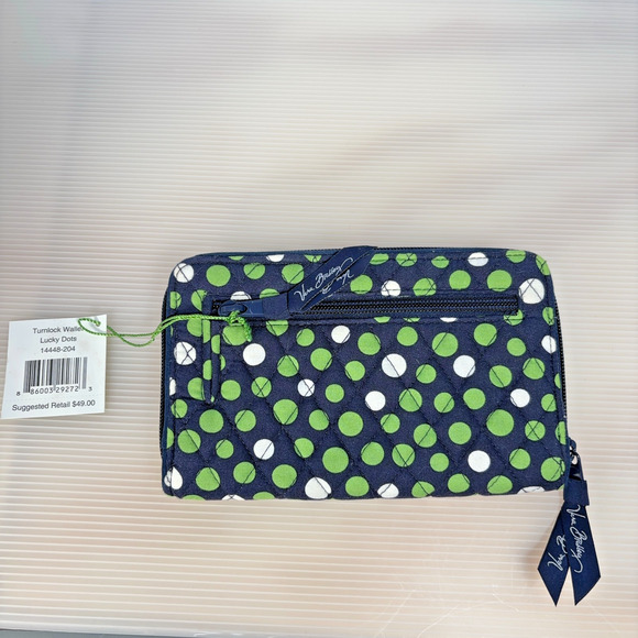 Vera Bradley Turnlock Wallet Lucky Dots Navy Green Quilted Zip Wallet NWT - Picture 3 of 10